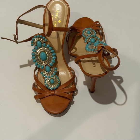 Kate Spade Tan 3in Heeled Sandals Leather with Turquoise Gemstones Size 8 Italy - Picture 3 of 10